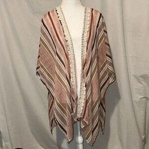 rusty red, cream, brown, green striped Jolt open cardigan / kimono size medium